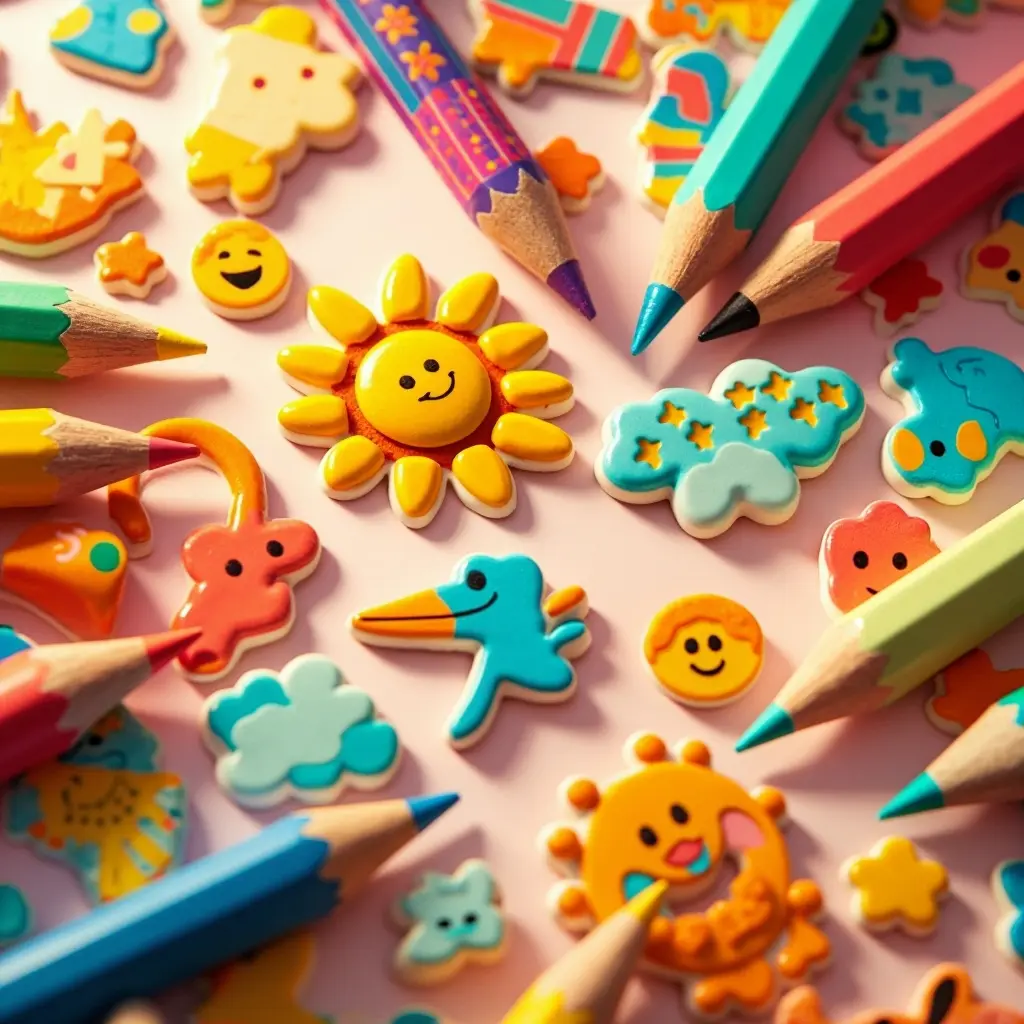 Яркие стикеры и карандаши для детского центра «Happy Kids»